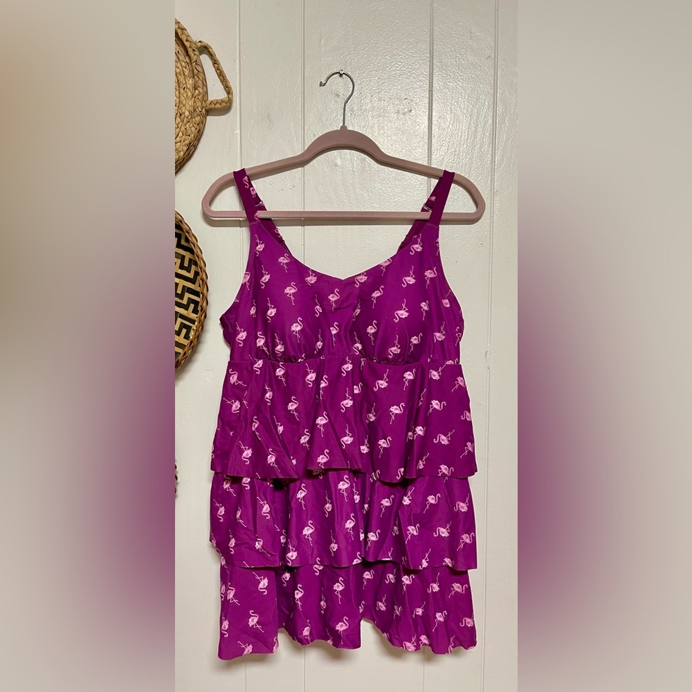 CATHERINES One Piece Dress Swim 16W Layered Ruffle Pink Flamingo Purple Plus
